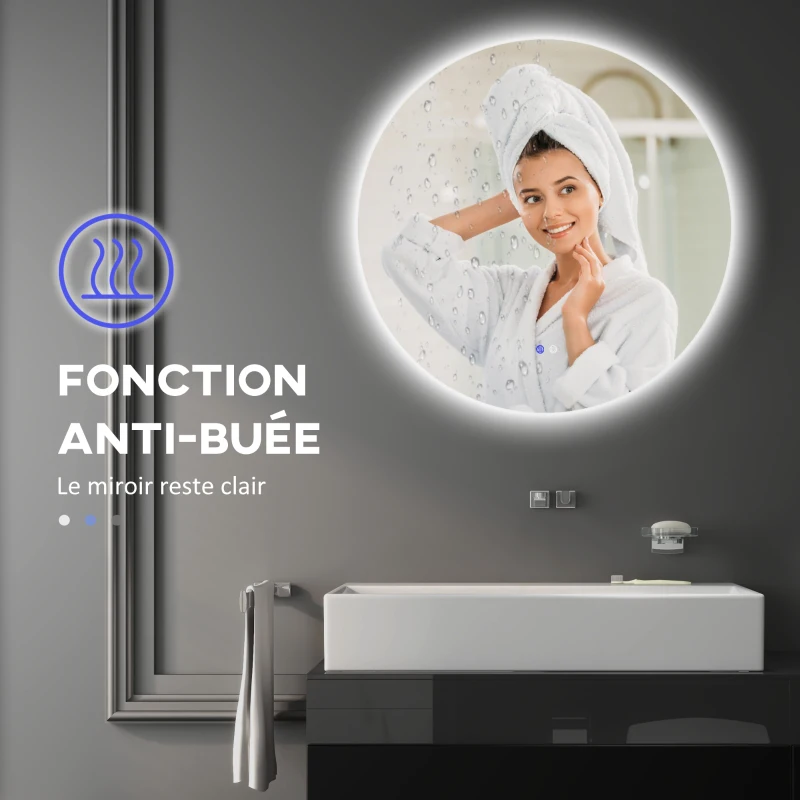 kleankin Miroir rond lumineux LED de salle de bain Ø 70 cm mural avec éclairage interrupteur tactile système antibuée  35 W gris