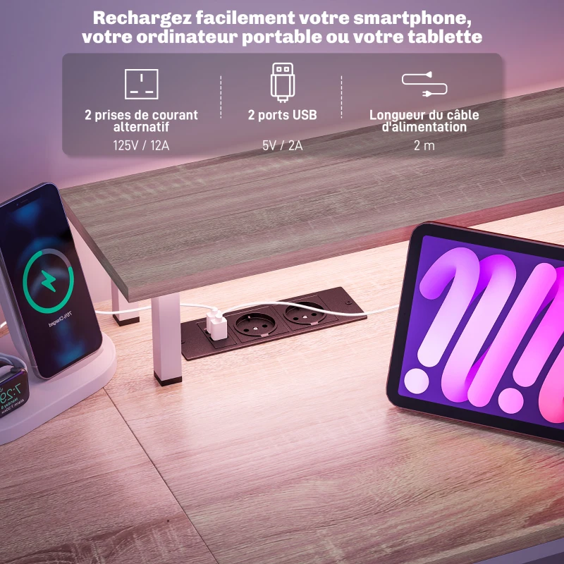 HOMCOM Bureau d'ordinateur bureau lumières LED réglables 2 prises ports USB tiroirs étagères 155,5x48x88,5cm effet bois naturel