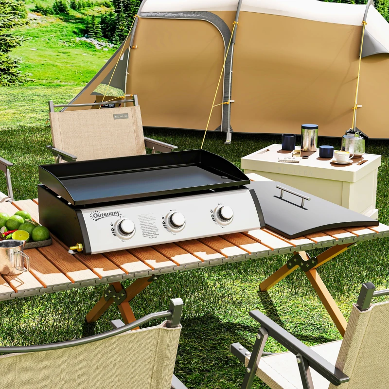 Outsunny Plancha gaz 3 brûleurs 7,5 kW, surface cuisson 61 x 35,5 cm avec couvercle, gaz liquéfié/propane, 63 x 47 x 25 cm noir