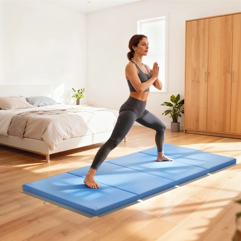 HOMCOM Tapis de gymnastique yoga pilates fitness pliable en 4 avec poignées revêtement synthétique 180 x 80 x 5 cm bleu clair