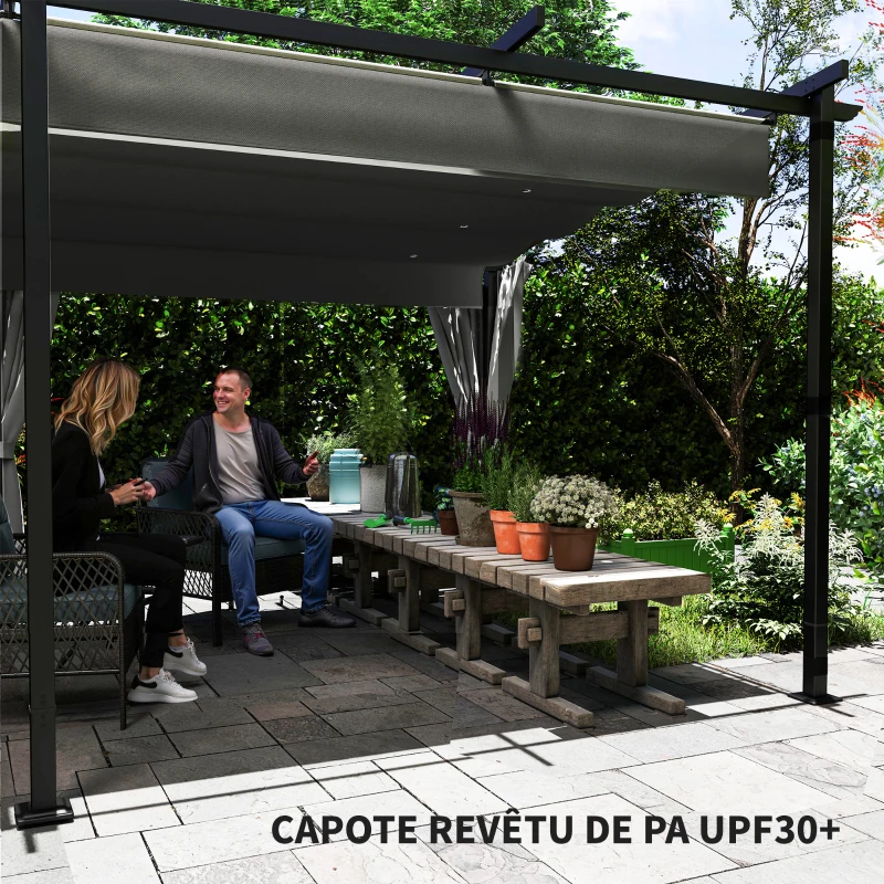 Outsunny Pergola rétractable avec rideaux latéraux, tonnelle de jardin en métal avec protection solaire UPF30+, gris foncé