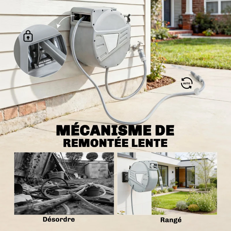 Outsunny Enrouleur Tuyau Arrosage Mural 30+2 m x Ø 15mm, Dévidoir de Tuyaux d'Eau Rétractable Automatique Pivotant à 180°, Gris