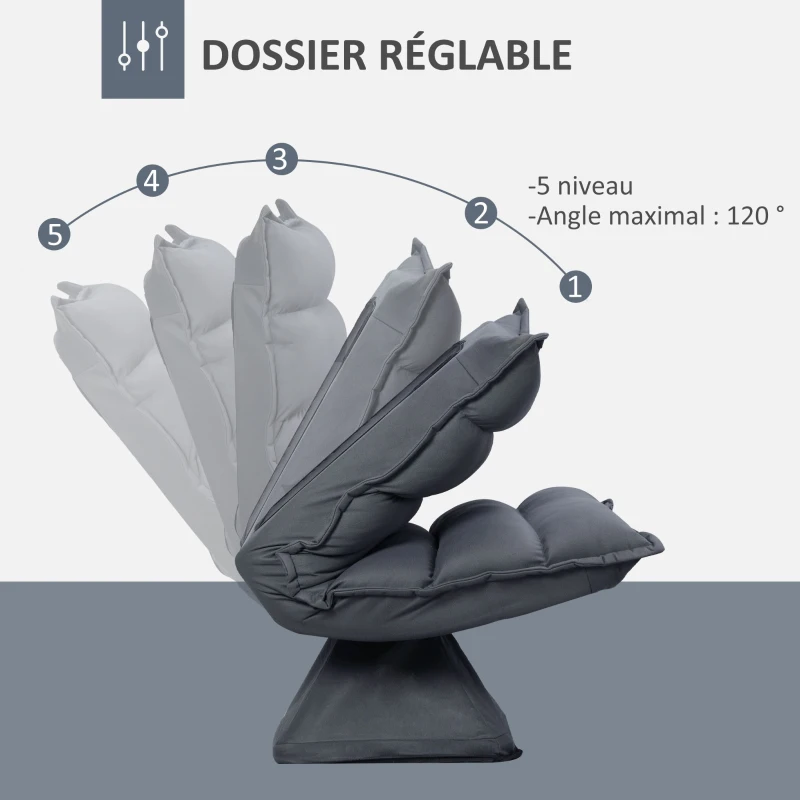 HOMCOM Fauteuil de sol paresseux pivotant 360° avec dossier inclinable design capitonné 62 x 62 x 95 cm gris foncé