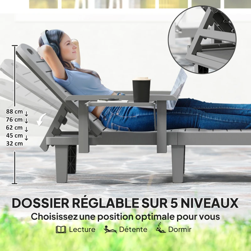 Outsunny Lot de 2 bains de soleil, chaise longue avec dossier inclinable et tablettes pliables, 79x158x88cm, gris foncé