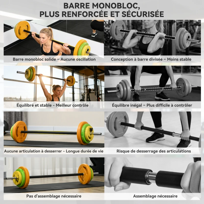 HOMCOM Ensemble haltères et barre 20 kg avec 6 haltères disques de 1,5 kg, 2,5 kg et 5 kg gym musculation orange vert et jaune