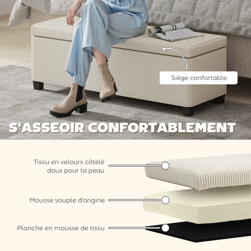 HOMCOM Banc de rangement bout de lit en velours côtelé avec couvercle, pour salon, chambre, entrée, 112 x 42 x 40 cm, beige