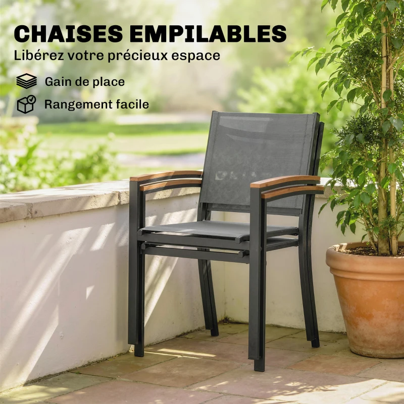 Outsunny Lot de 2 Chaises de Jardin Empilables en Métal et Textilène, Accoudoirs en WPC, Dossier Haut, 56x62x89cm, Gris