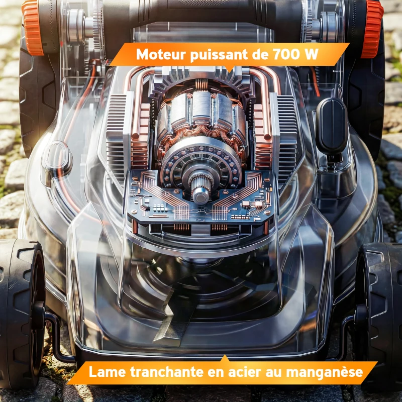 Outsunny Tondeuse à Gazon sans Fil 18V x2 Moteur Brushless 700W 2x4.0Ah Batteries pour 400m² Largeur 34cm Silencieux Gris Clair