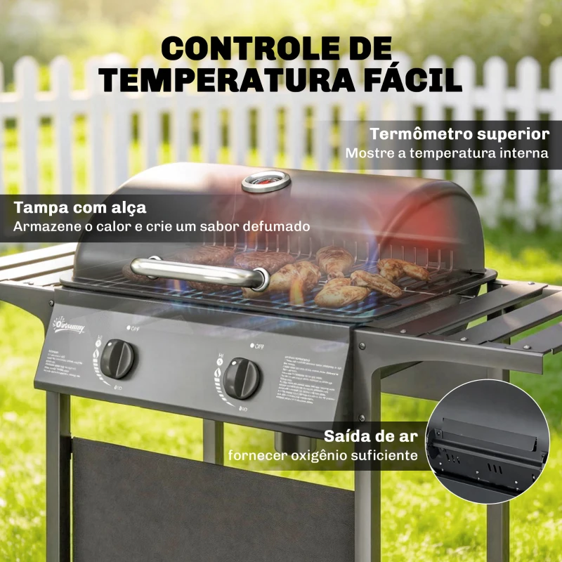 Outsunny Barbecue a Gás BBQ com 2 Queimadores de 5 kW Termómetro Mesas Laterais Prateleira Grelha de Aquecimento 2 Rodas Preto