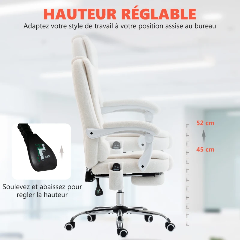 Vinsetto Fauteuil de bureau direction massant chauffant hauteur réglable dossier inclinable toile de lin blanc