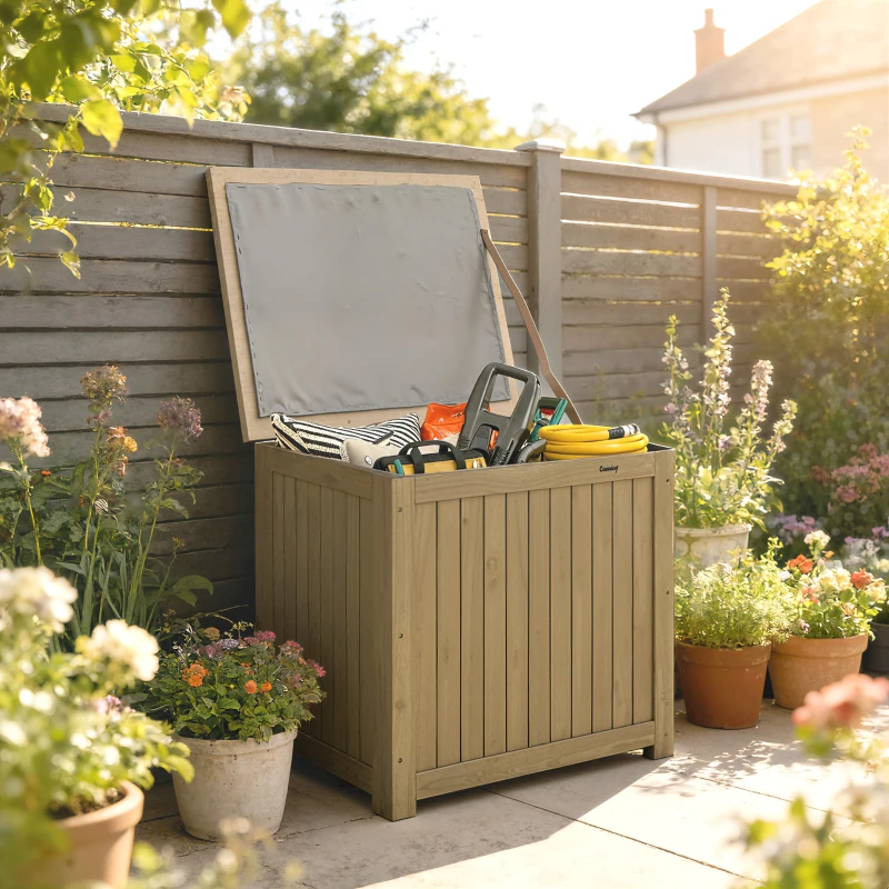 Outsunny Coffre de Rangement Boîte de Jardin 130L Doublure Amovible pour Coussins et Outils Bois Massif Brun