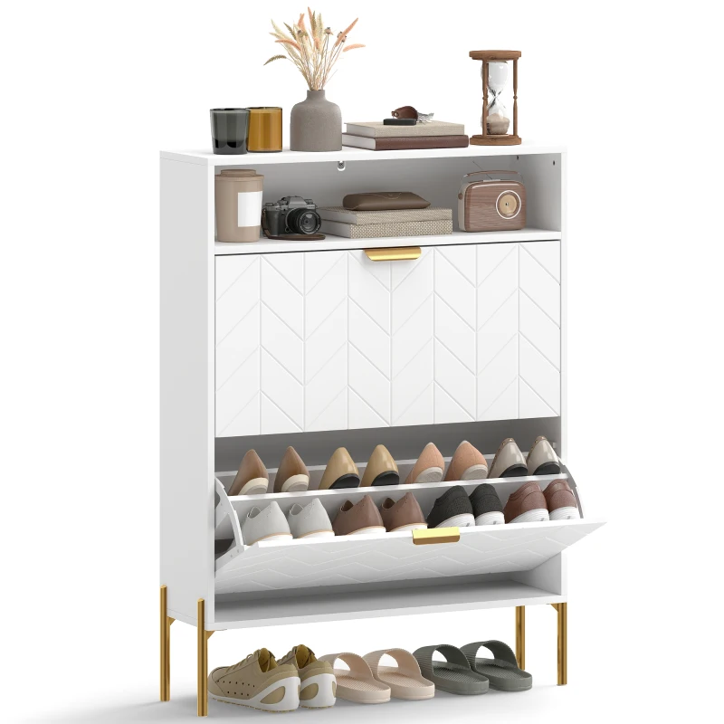 HOMCOM Móvel para sapatos 16 pares, armário estreito com 2 gavetões basculantes, compartimento aberto, branco