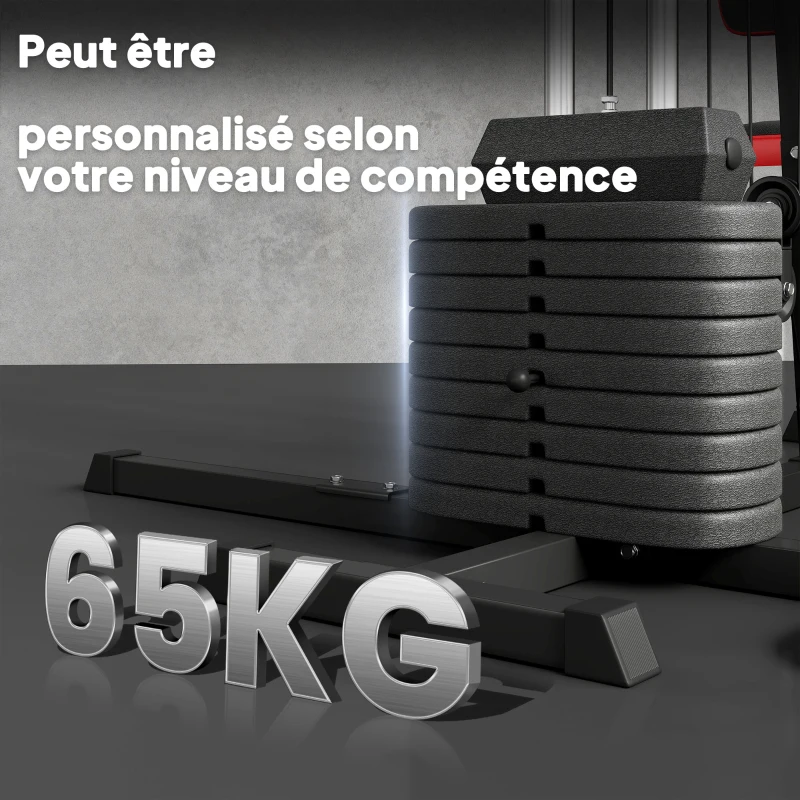 SPORTNOW Station Multi Gym avec Poids de 65 kg, Équipement de Musculation avec Banc pour Abdominaux, Noir et Rouge
