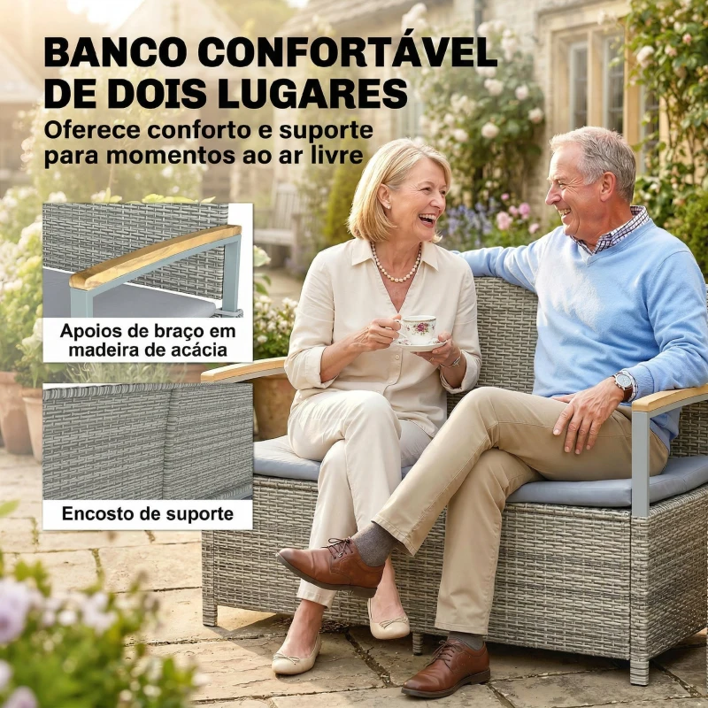 Outsunny Banco de Armazenamento Exterior 170 L com Almofada Lavável Encosto Apoios de Braços em Madeira de Acácia Cinzento Claro