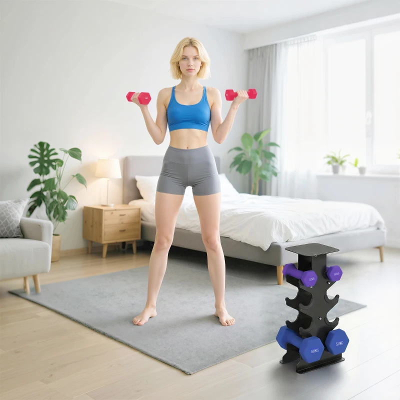 SPORTNOW Lot 3 haltères hexagonaux avec support, 2 x 1kg, 2 x 3kg, 2 x 5kg, poignées antidérapantes, fitness à domicile