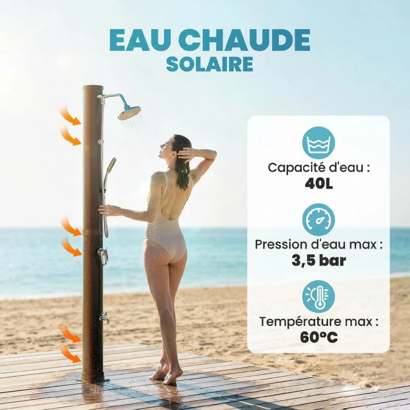 Outsunny Douche Solaire de Jardin 40L avec Douchette à Main et Robinet Lave-Pieds Mitigeur Eau Chaude 218cm de Haut Anti-UV Noir