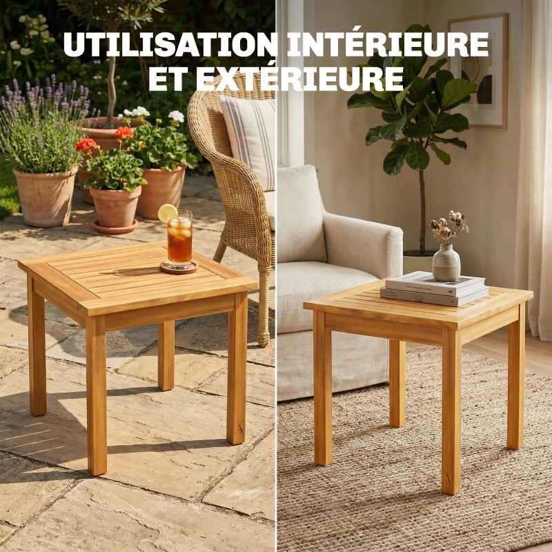 Outsunny Table Basse de Jardin Carrée en Bois d'acacia Massif, avec Plateau à Lattes, Pieds Réglables, 48x48x46cm, Naturel