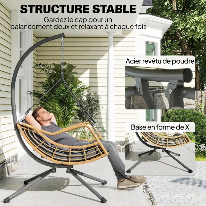 Outsunny Fauteuil suspendu en résine tressée avec support, chaise suspendue, coussin, attache de sécurité, hauteur réglable, gris