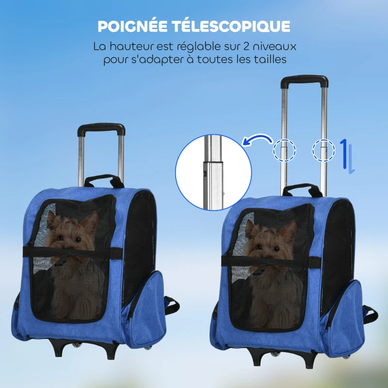 PawHut Sac de transport à roulettes pour chien 2 en 1 trolley chariot sac à dos pour chien chat avec poignée téléscopique, sacs de rangement, aérations, attache de sécurité, 42 x 25 x 55 cm, bleu