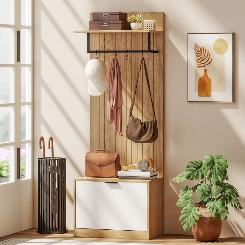 HOMCOM Meuble d'entrée 5 en 1, vestiaire d'entrée, banc à chaussures rabattable, étagère et 4 crochets, 60x30x170cm, chêne