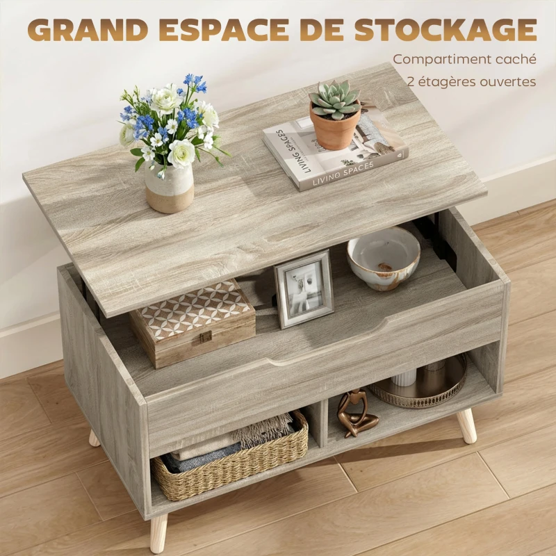 HOMCOM Table basse relevable, table de salon avec compartiment caché et étagères ouvertes, 75 x 40 x 58 cm, bois naturel