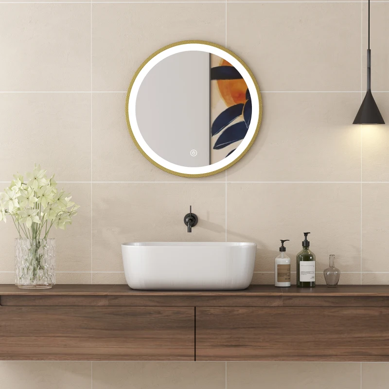 HOMCOM Miroir salle de bain avec éclairage LED rond 40 cm, miroir lumineux mural à 3 températures de couleur, dimmable, doré