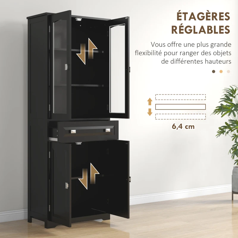 HOMCOM Buffet haut armoire de cuisine 4 portes dont 2 portes vitrées et 1 tiroir hauteur 160 cm avec étagères en bois noir
