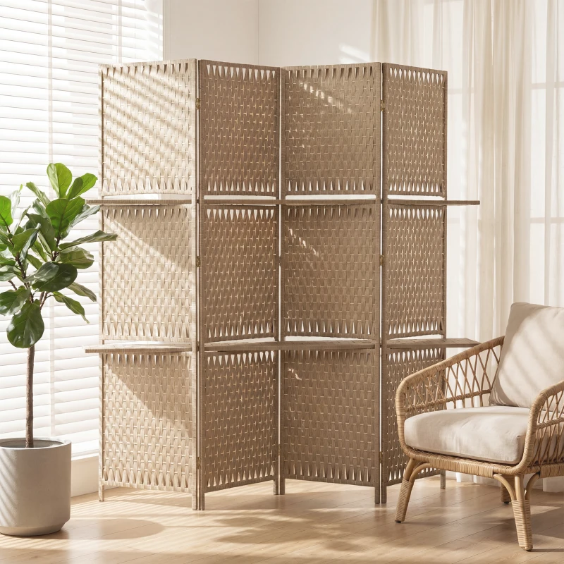 HOMCOM Séparateur de pièces 4 panneaux 2 étagères pliables naturel paille