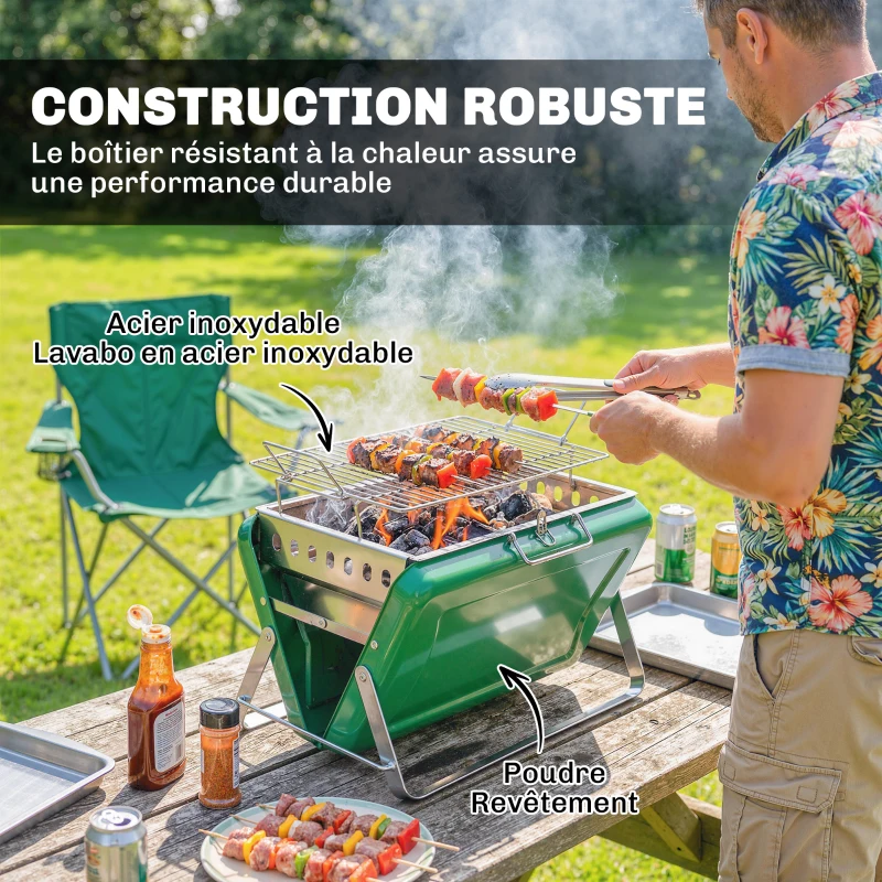 Outsunny Barbecue au charbon bois pliable, barbecue portable, poignée et pieds repliables, pour jardin, terrasse, camping, vert