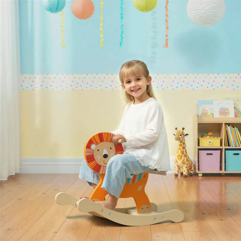AIYAPLAY Cheval à bascule pour enfants, lion jouet à bascule bébé en bois avec guidon et base stable, 59 x 27 x 43 cm, orange