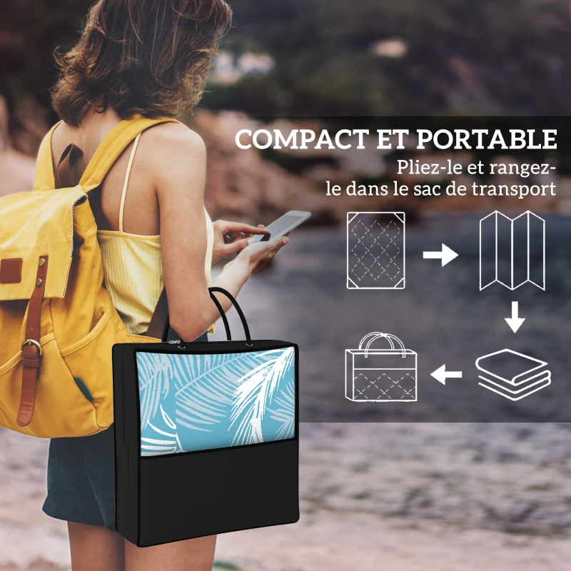 Outsunny Tapis d'extérieur réversible 274x182 cm, tapis de sol en PP résistant aux intempéries, sac de transport, bleu