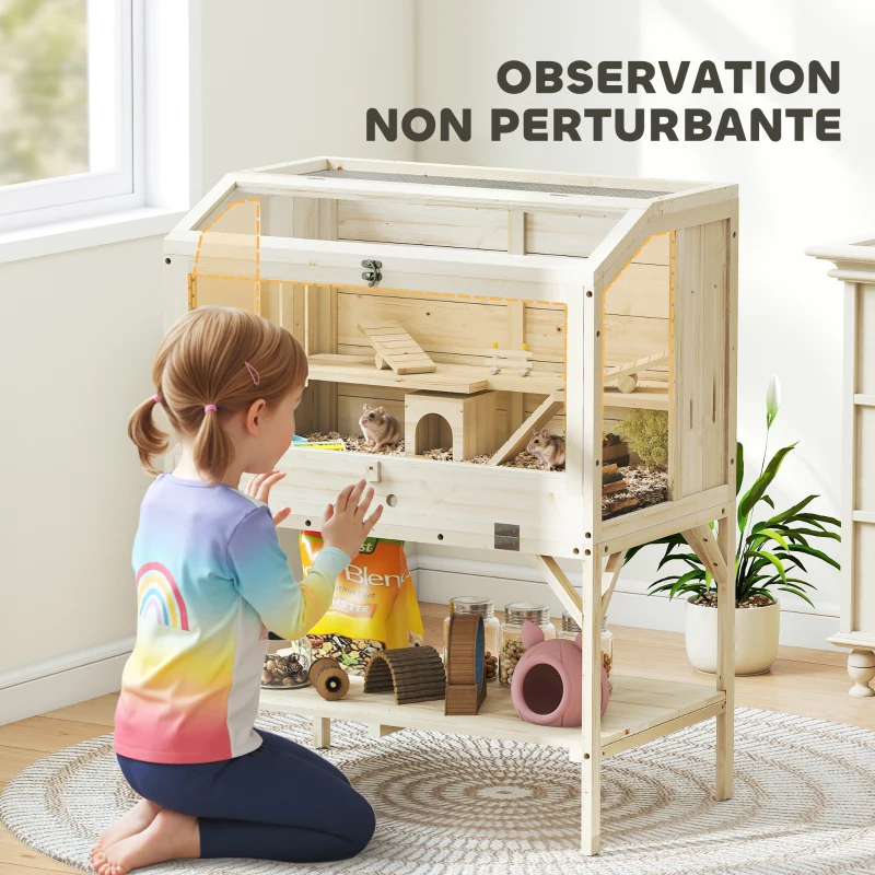 PawHut Cage hamster en bois, cage rongeur à 2 niveaux, étagère de rangement, couvercle ouvrant, 84 x 53 x 110 cm, bois naturel
