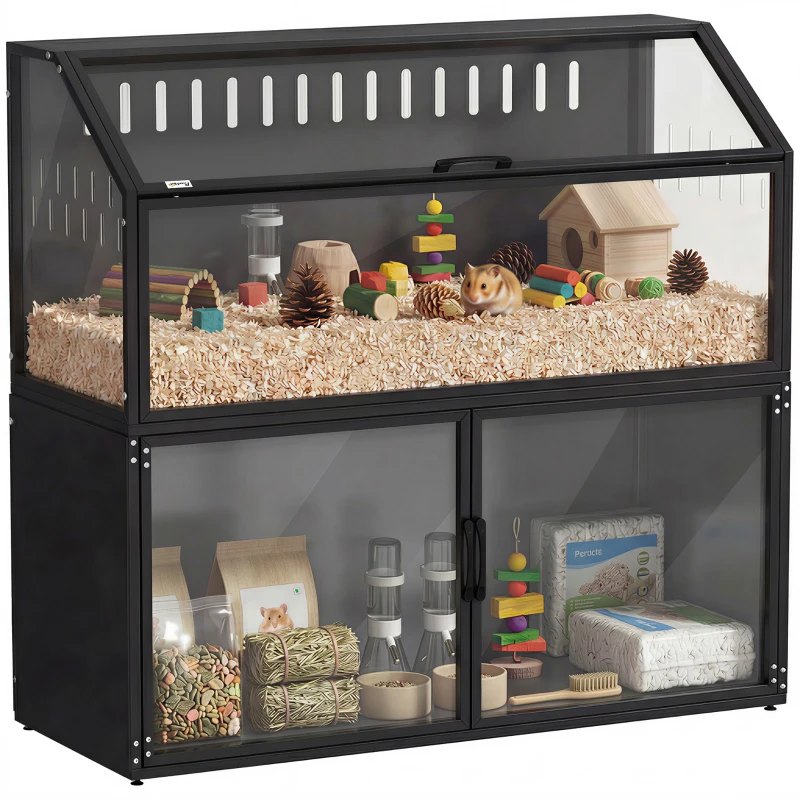 PawHut Cage Hamster 2-en-1 avec Armoire de Rangement pour Rongeur Hamster Syrien et Souris Acier et Acrylique Noir