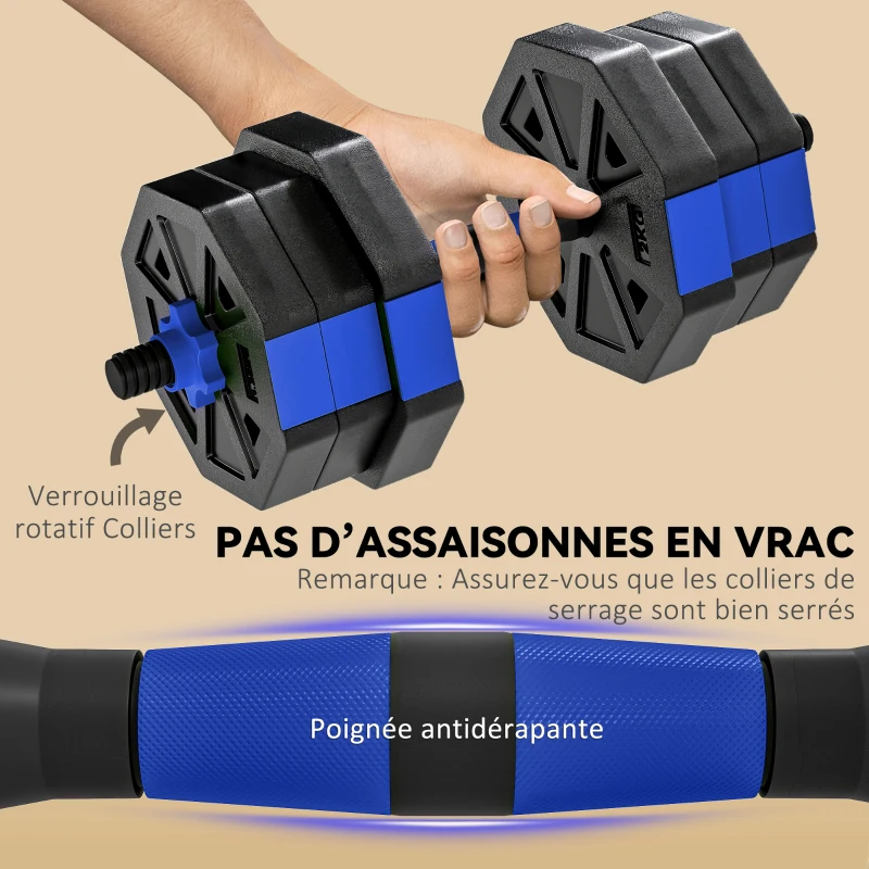 SPORTNOW Ensemble d'haltères musculation 6-en-1 haltère réglable 20 kg kettlebell, barre de musculation support pour pompes bleu