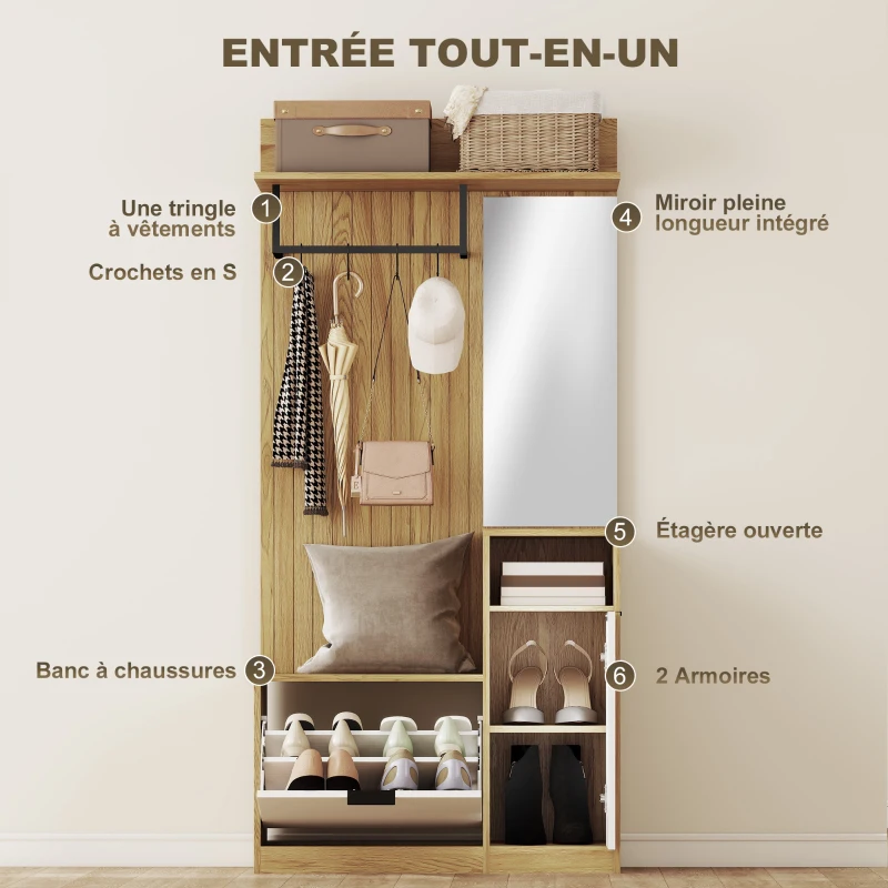 HOMCOM Meuble d'entrée 6 en 1, vestiaire d'entrée avec banc à chaussures rabattable, miroir, 80x37x168cm, chêne