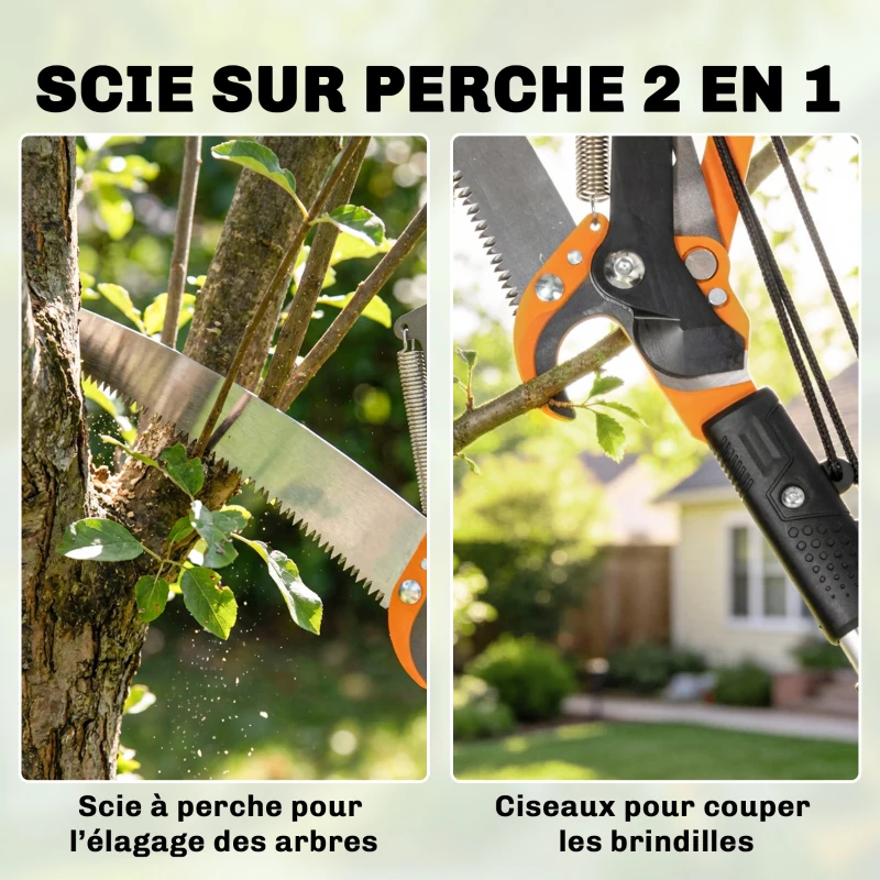 Outsunny Élagueur télescopique 2 en 1, scie manuelle, sécateur avec verrou de sécurité, perche télescopique en aluminium 2 m