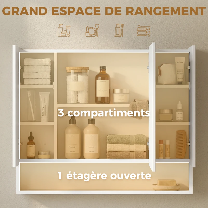kleankin Armoire murale salle de bain avec miroir, armoire de toilette 3 portes miroir, étagères réglables, 90x15x75cm, blanc