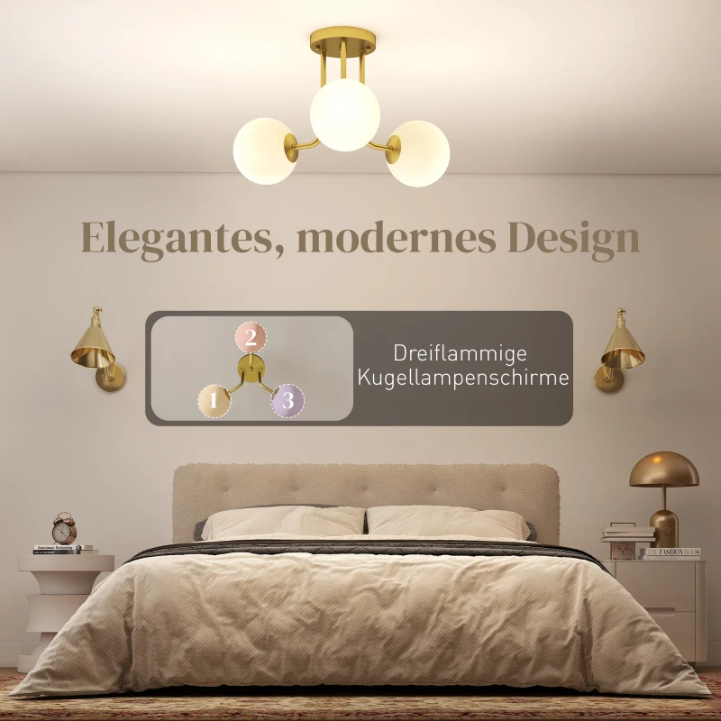 HOMCOM Deckenleuchte mit kugelförmigen Lampenschirmen G9-Fassungen, ohne Leuchtmittel, Gold