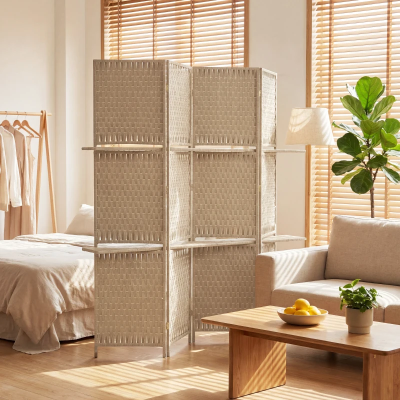 HOMCOM Séparateur de pièces 4 panneaux 2 étagères pliables naturel paille