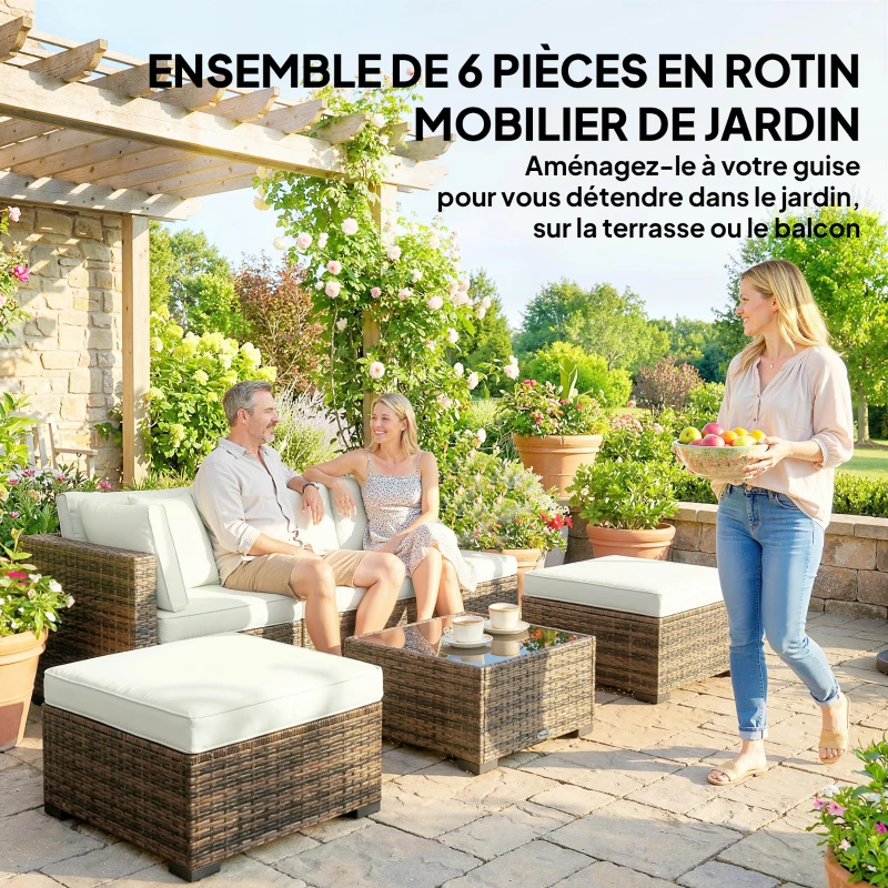 Outsunny Salon de jardin extérieur d'angle 5 places en résine tressée, canapés, repose-pieds, table basse et coussins, crème