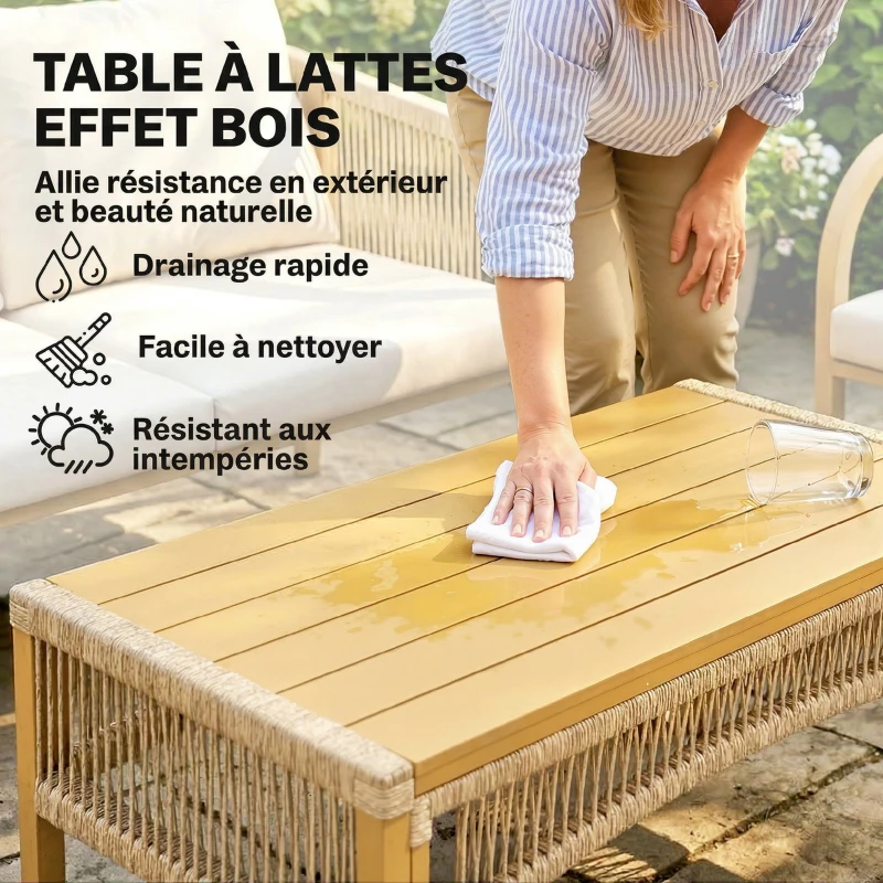 Outsunny Salon de Jardin Extérieur 4 Pièces avec Canapé 2 Fauteuils Table Coussins, Acier Résine Tressée, 120x72x73cm, Kaki