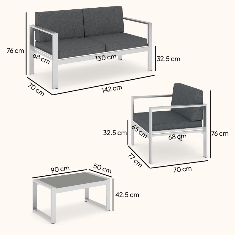 Outsunny 4 Seater Garden Furniture Set, Extra Wide Deep Garden Sofa Set with Olefin Cushions, Brushed Aluminium Frame, Dark Grey