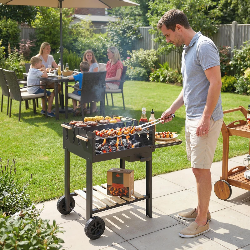 Outsunny Chariot à barbecue de bois avec 2 grilles réglables, barbecue au charbon de bois sur roulettes, tablette latérale, noir