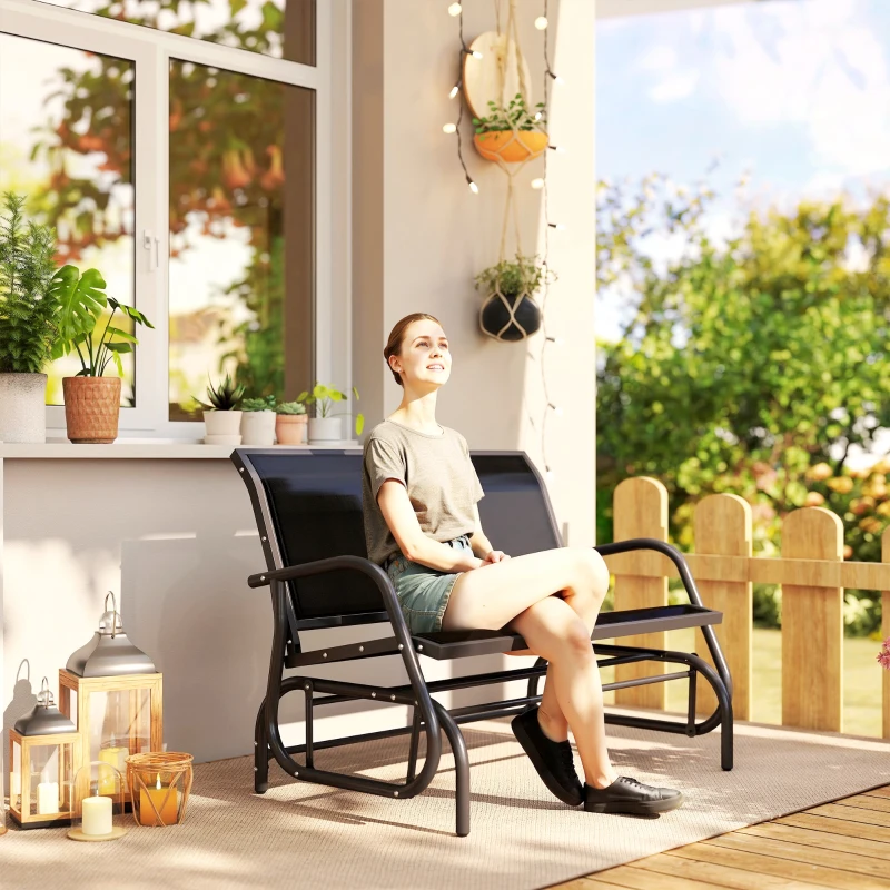 Outsunny Banc à Bascule de Jardin 2 Places Design Contemporain Grand Confort accoudoirs Assise et Dossier Ergonomique métal textilène Noir