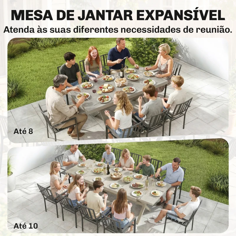 Outsunny Mesa de Jardim Extensível com Superfície em Alumínio 154/214x85 cm com Efeito Madeira para 8-10 Pessoas Cinza Claro
