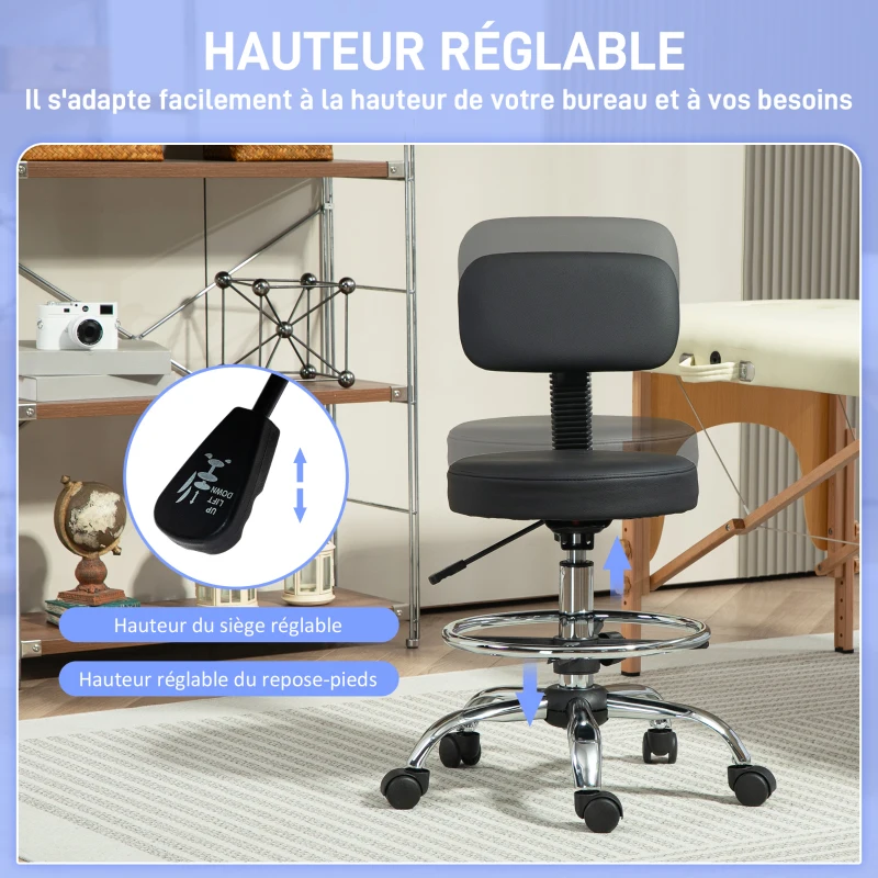 HOMCOM Chaise de bureau, chaise de dessin, repose-pieds réglable, hauteur réglable, pivotante 360°, 52x52x92cm, noir