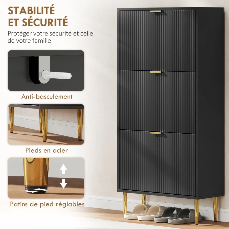 HOMCOM Meuble à chaussures 18 paires avec 3 tiroirs rabattables, portes cannelées et étagères réglables, 60x24x122,5cm, noir