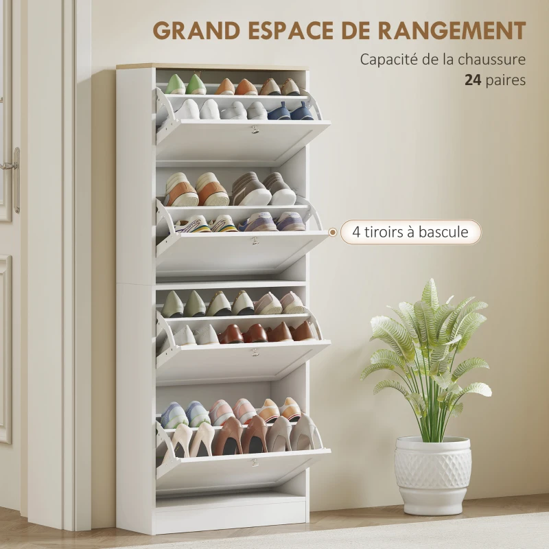 HOMCOM Meuble à chaussures 24 paires, armoire à chaussures avec 4 tiroirs rabattables, étagères réglables, 60x23,5x151cm, blanc