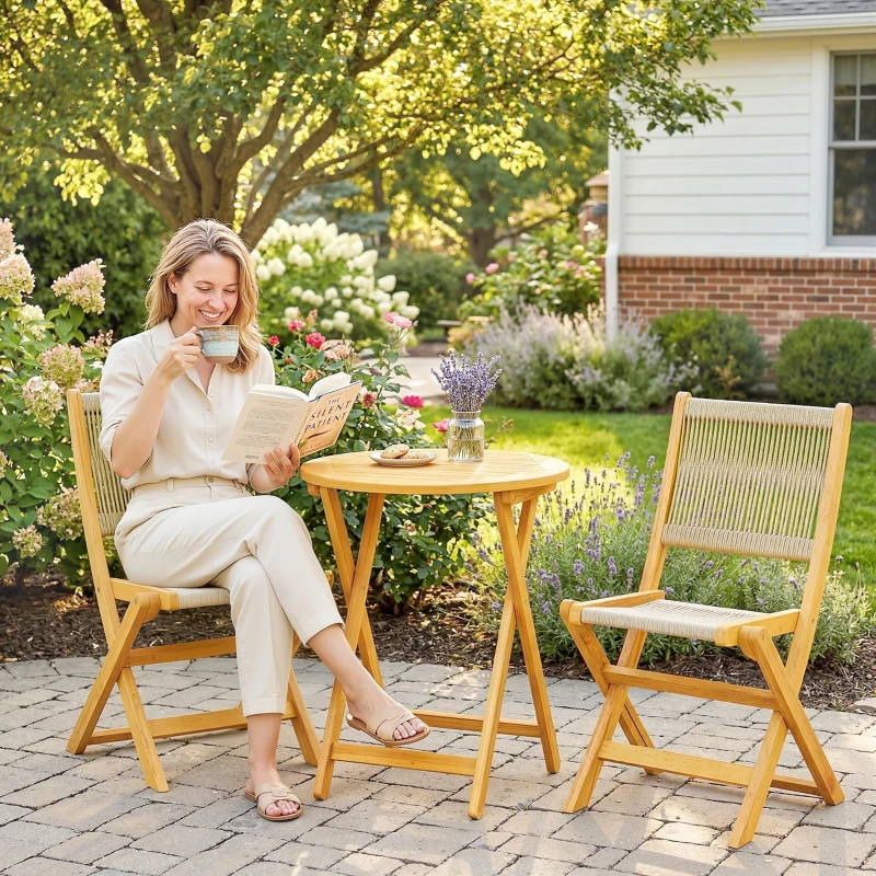 Outsunny Salon de Jardin Ensemble Bistro 3 Pièces Table Ronde et 2 Chaises Pliables Design Boho Bois d'Acacia Cordage PP Naturel