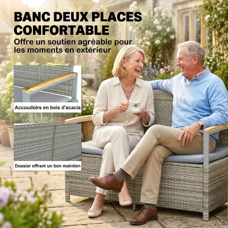Outsunny Banc de Jardin Banquette avec Coffre de Rangement 170L 2 Places Coussin Déhoussable Résine Tressée 120x60x84cm Gris